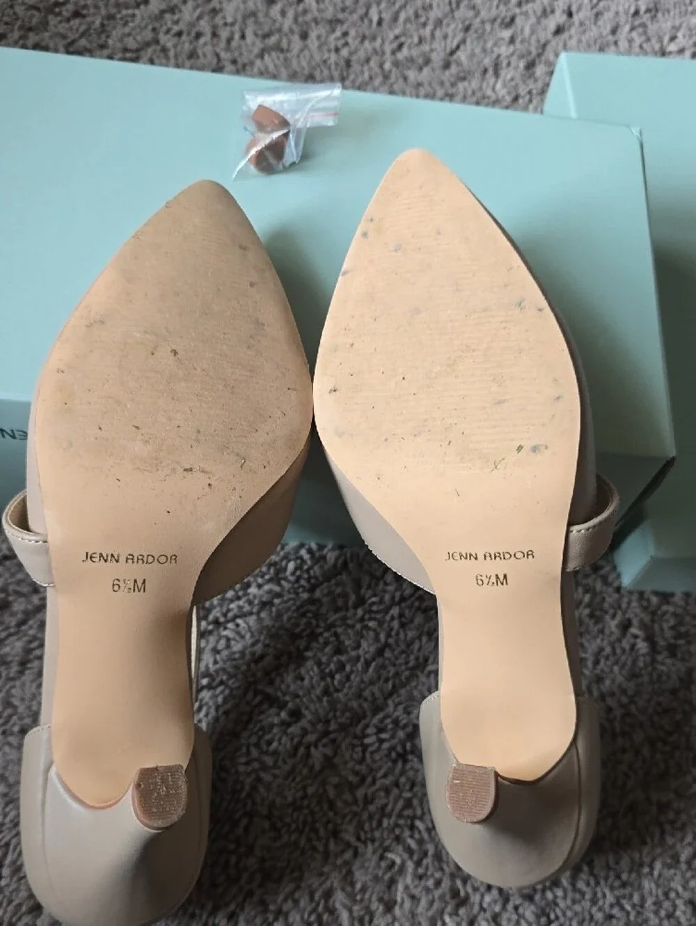 Jenn Ardor Beige Pointed T-Strap Stiletto Heels